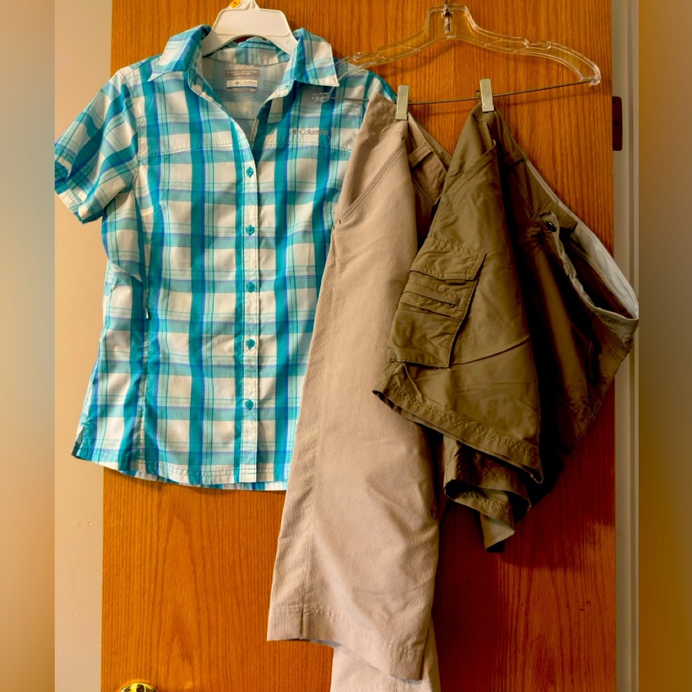 Columbia Turquoise Plaid Shirt and Beige Capris & hiking shorts Bundle